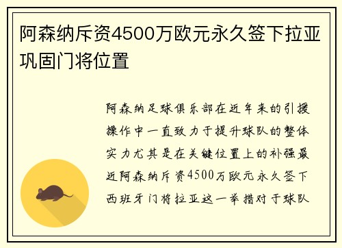 阿森纳斥资4500万欧元永久签下拉亚巩固门将位置